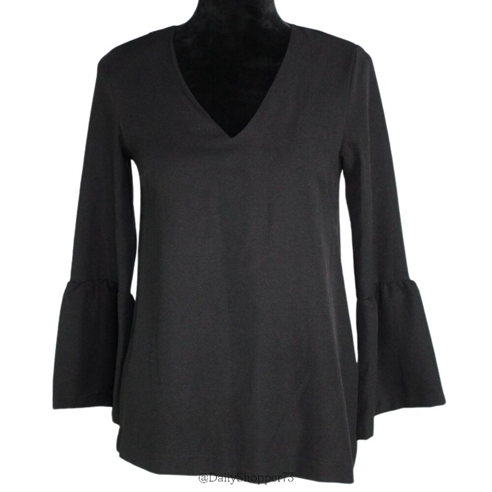 Halogen Women's Black 3/4 Length Bell Sleeve V-Neck Blouse